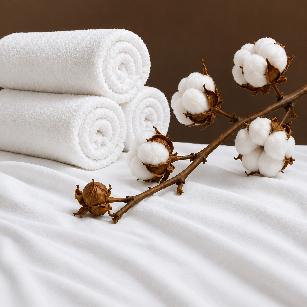 Rolled hospitality bath towels beside raw cotton